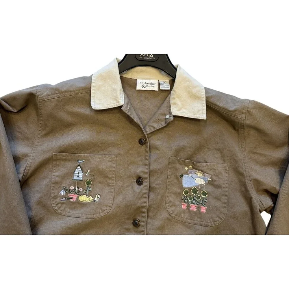 Christopher & Banks Womens Embroidered Chore Jacket Angels Cat Gardening L 90s - Picture 2 of 10